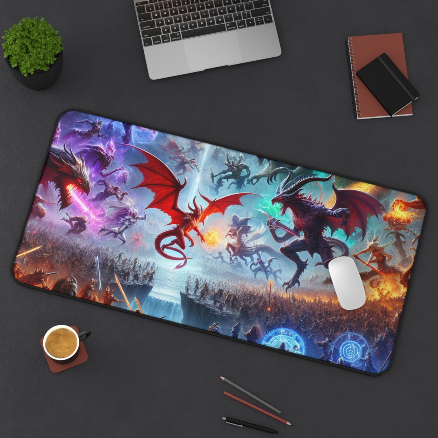 Epic Fantasy Desk Mat - Dragon Battle Design for TCG and Gamers